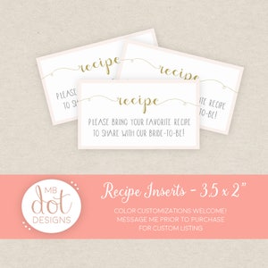 Printable Bridal Shower Recipe Request Insert Bridal Shower Invitation Insert Card Pink and Gold Instant Download image 2