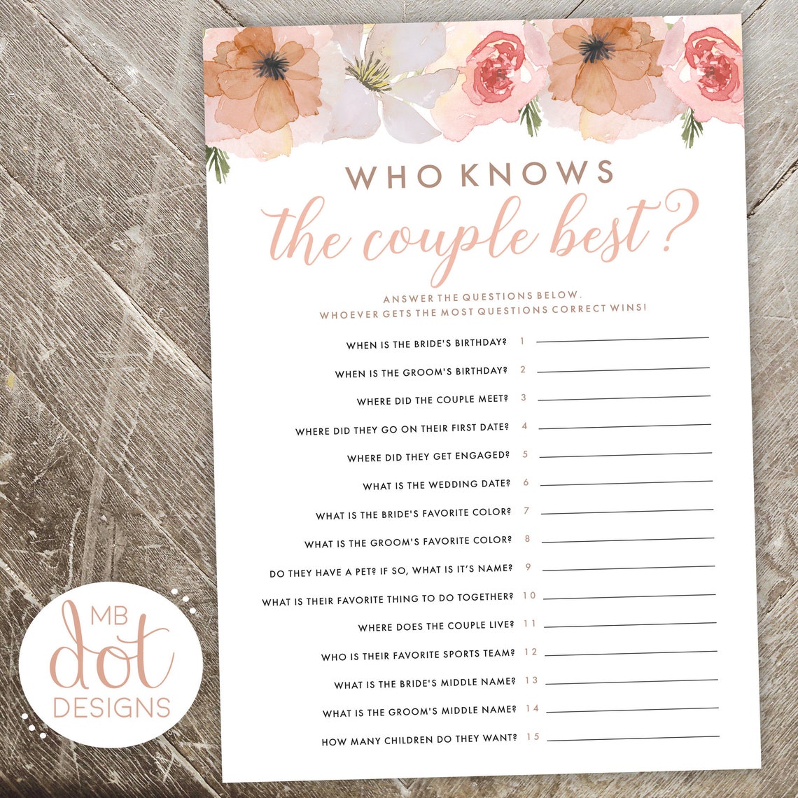 Who Knows the Couple Best printable bridal shower game | Etsy