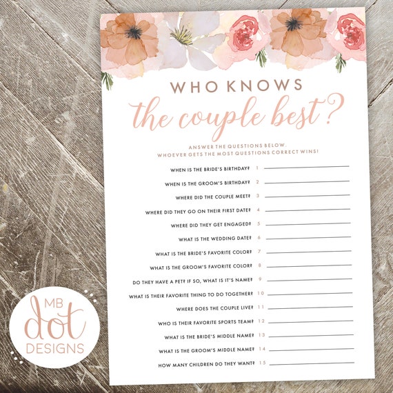 Who Knows the Couple Best Printable Bridal Shower Game - Etsy