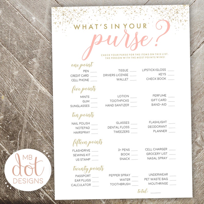 What's in Your Purse 5x7 Bridal Shower Game Print Wedding Shower Gold, Blush, Pink Instant Download image 1