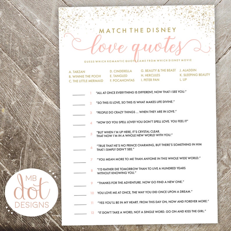 Match the Love Quotes Disney Quote Game Bridal Shower Etsy