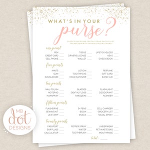 What's in Your Purse 5x7 Bridal Shower Game Print Wedding Shower Gold, Blush, Pink Instant Download image 2