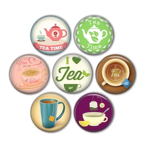 May include: Set of 7 round tea-themed magnets with various designs. The magnets feature teapots, teacups, tea bags, and text such as "Tea Time", "I Love Tea", and "You are my cup of tea".