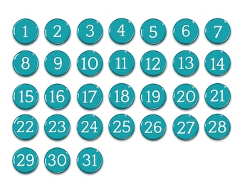 Teal Aqua Perpetual Calendar-numbers 1-31- 1" Magnets-Days of the month