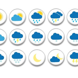 May include: A set of 15 weather icons, each depicting a different weather condition, such as sunny, cloudy, rainy, snowy, and stormy. The icons are circular and feature a white background with blue and yellow accents.