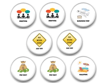 May include: Nine white round buttons with different icons and text. The icons include a meeting, a business trip, a day off, and a pay day. The text includes "Meeting", "Business Trip", "Day Off", and "Pay Day!"