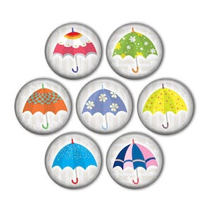 May include: Set of seven colorful umbrellas with different patterns, each on a white background with a wood grain texture. The umbrellas are in various colors, including red, green, blue, yellow, orange, and pink.