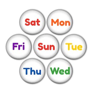 May include: Seven colorful circles with the days of the week written in white letters. The circles are arranged in a circular pattern.