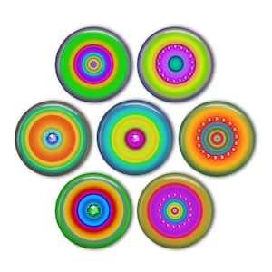 May include: Seven colorful round buttons with concentric circles and a jewel in the center. The buttons are arranged in a circle with the jewel colors alternating between green, pink, and blue.