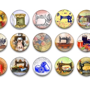 May include: A set of 15 vintage-style sewing machine themed round buttons. The buttons feature various images of sewing machines, spools of thread, and other sewing-related items. The buttons are perfect for adding a touch of vintage charm to your crafts.