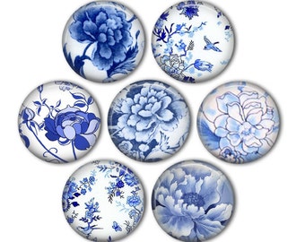 Blue and White Ceramic Pottery Floral 1" Magnets - set of 7