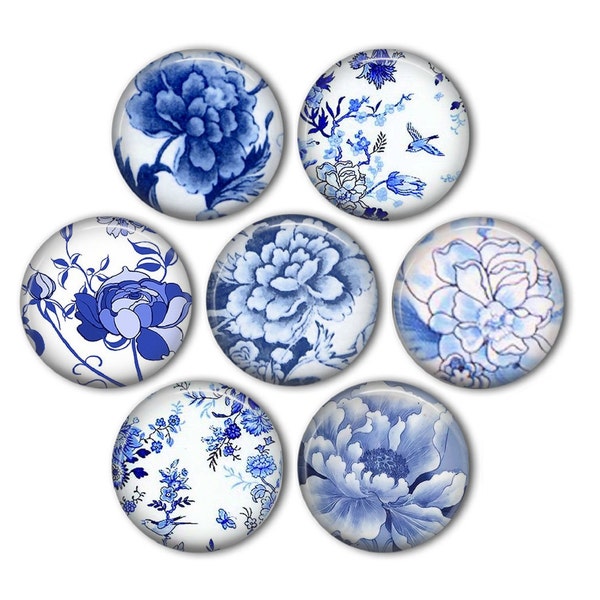 Blue and White Ceramic Pottery Floral 1" Magnets - set of 7