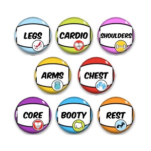 May include: A set of eight colorful, round fitness-themed buttons. Each button features a different workout category: Legs, Cardio, Shoulders, Arms, Chest, Core, Booty, and Rest. Each button has a white border and a corresponding icon.