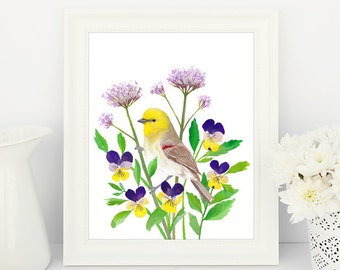 Digital Wall Art, Bright Wall Art, Colorful Artwork, Bird Art Print, Colorful Art, Digital Download, Violet Flowers, Verbena | Digital Bird