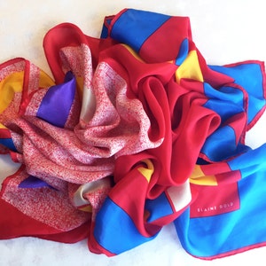 Vintage Elaine Gold Primary Color Blocked Large Square Silk Scarf! Geometric Red, Blue & Yellow w Stippling Texture Pattern! + Purple, White