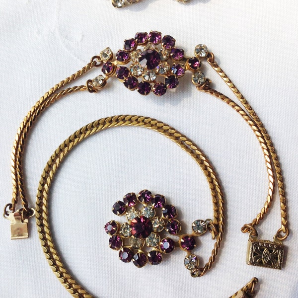 Vintage Amethyst Purple & Crystal Clear Rhinestone Parure: Necklace, Bracelet, Earrings Set, Riveted Settings w Gold Tone Chains, Box Clasps