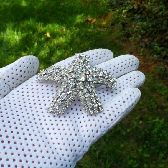 Large Vintage Clear Ice Rhinestone Starfish Brooc… - image 5