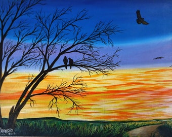 Original painting on oil - Birds on the branches 61 x 85 cm (24 x 33.4 in)