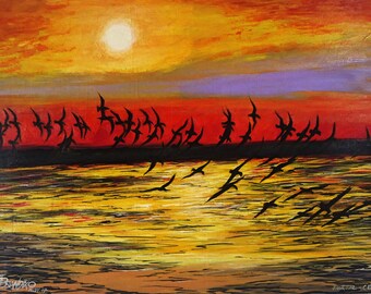 Original painting on oil - Birds on the branches 61 x 85 cm (24 x 33.4 in)