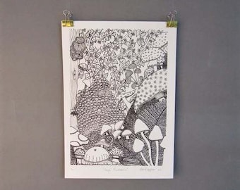 Magic Mushroom, Limited Edition, Mushroom illustration, Botanical Art Print, Wild Berries, Mushroom art, Woodland Nursery Art, Forest Print.