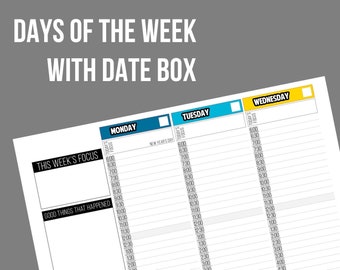 DAYS of the WEEK with DATE Box - Stickers for the Weekly Layout section for the Small, Medium and Large size Weekly Passion Planners