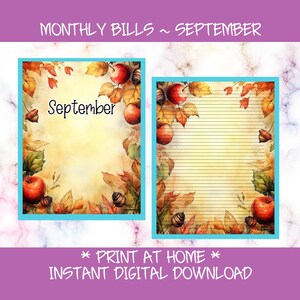 May include: Two printable stationery sheets featuring a watercolor autumn theme with red apples, brown acorns, and orange and yellow leaves. One sheet has the text September, while the other contains horizontal lines for writing notes or bills.