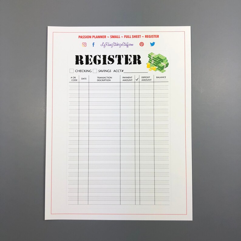 REGISTER Full Sheet for the Small Medium and Daily sized | Etsy