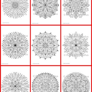 May include: Nine black and white mandala designs for coloring. Each mandala is intricate and detailed, with a variety of geometric shapes and patterns.