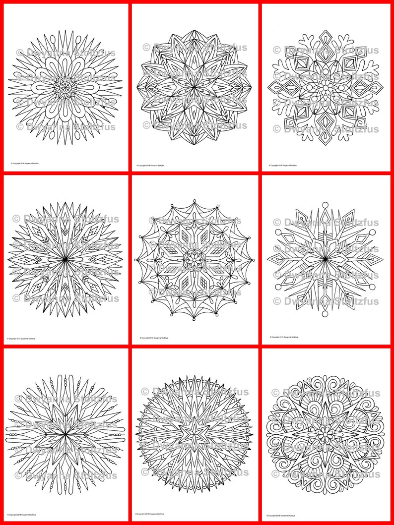 May include: Nine black and white mandala designs for coloring. Each mandala is intricate and detailed, with a variety of geometric shapes and patterns.