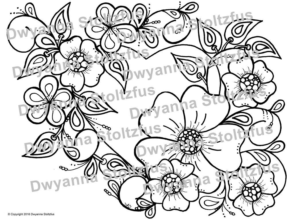 Heart with Flowers Coloring Page JPG | Etsy