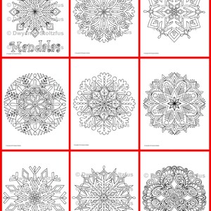 May include: Nine black and white snowflake and mandala designs. The designs are intricate and detailed, with a variety of shapes and patterns. The designs are perfect for coloring or using as inspiration for crafts.