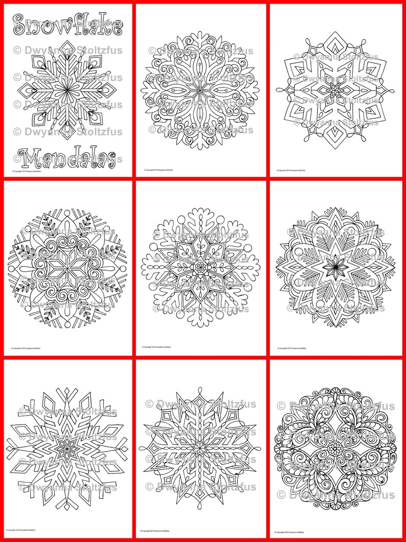 May include: Nine black and white snowflake and mandala designs. The designs are intricate and detailed, with a variety of shapes and patterns. The designs are perfect for coloring or using as inspiration for crafts.