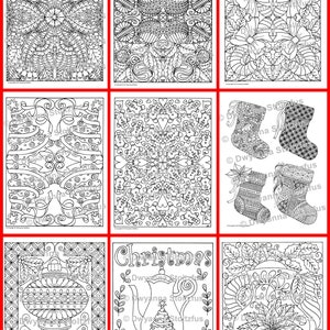 May include: Nine black and white coloring pages with intricate designs featuring Christmas themes, including ornaments, stockings, and a teapot with a Christmas tree inside.