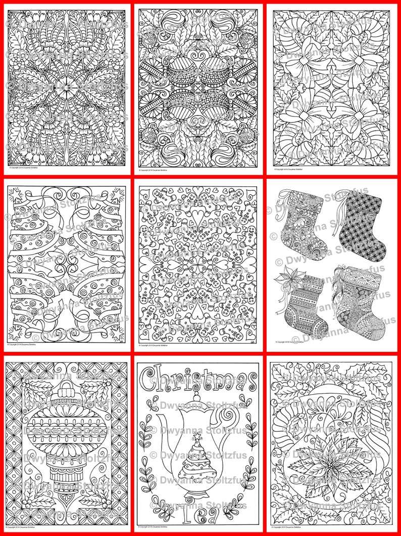 May include: Nine black and white coloring pages with intricate designs featuring Christmas themes, including ornaments, stockings, and a teapot with a Christmas tree inside.