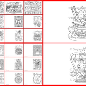 May include: A set of 16 printable coloring pages featuring various Christmas-themed illustrations. The illustrations include a snowman, a teapot, a cup of hot chocolate, a Christmas tree, and other festive designs.