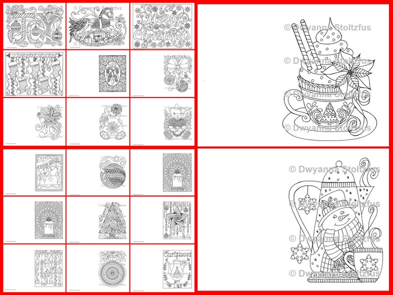 May include: A set of 16 printable coloring pages featuring various Christmas-themed illustrations. The illustrations include a snowman, a teapot, a cup of hot chocolate, a Christmas tree, and other festive designs.
