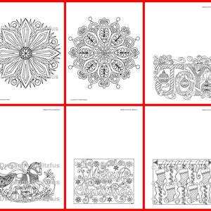 May include: A set of six printable coloring pages featuring Christmas-themed designs. The designs include a snowflake, a rocking horse, a stocking, the word "Joy", the word "Merry Christmas", and another snowflake.