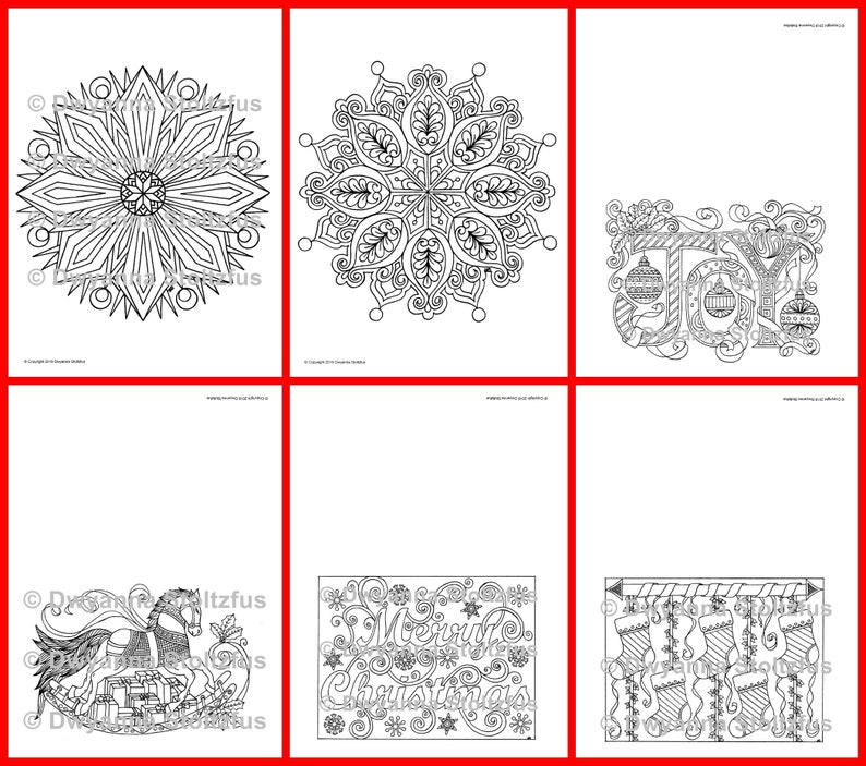 May include: A set of six printable coloring pages featuring Christmas-themed designs. The designs include a snowflake, a rocking horse, a stocking, the word "Joy", the word "Merry Christmas", and another snowflake.
