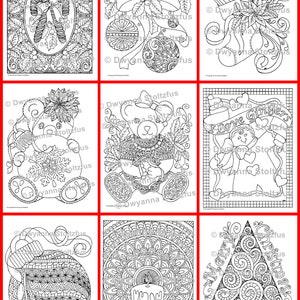 May include: A set of nine black and white Christmas-themed coloring pages. The pages feature a variety of designs, including a Christmas tree, a stocking, a candle, a bear, and a gingerbread man. The pages are perfect for adults and children who enjoy coloring.