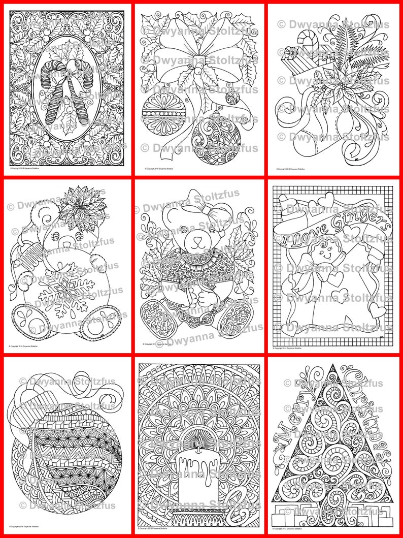 May include: A set of nine black and white Christmas-themed coloring pages. The pages feature a variety of designs, including a Christmas tree, a stocking, a candle, a bear, and a gingerbread man. The pages are perfect for adults and children who enjoy coloring.