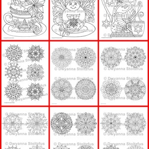 May include: A set of nine black and white coloring pages featuring winter-themed designs. The designs include a cup of hot chocolate with marshmallows, a snowman in a teapot, and various snowflake patterns.