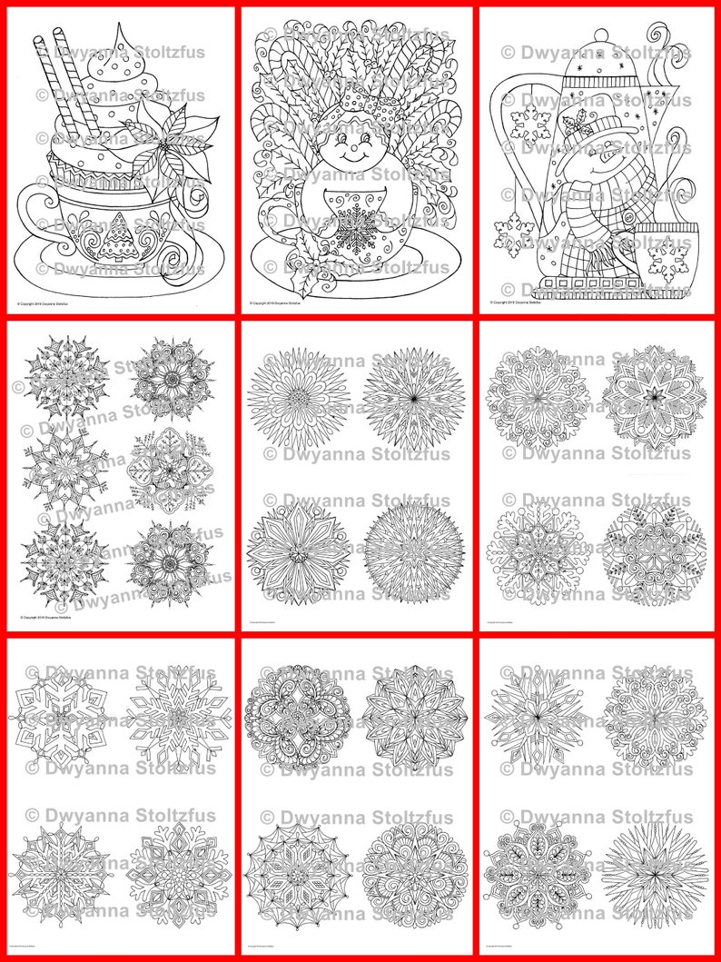 May include: A set of nine black and white coloring pages featuring winter-themed designs. The designs include a cup of hot chocolate with marshmallows, a snowman in a teapot, and various snowflake patterns.