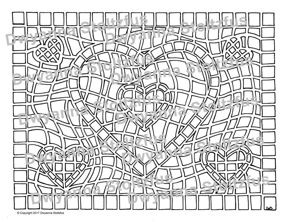 Mosaic Heart Coloring Page JPG | Etsy