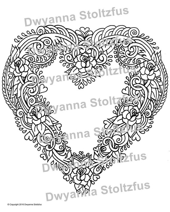 Heart with Roses Coloring Page JPG | Etsy