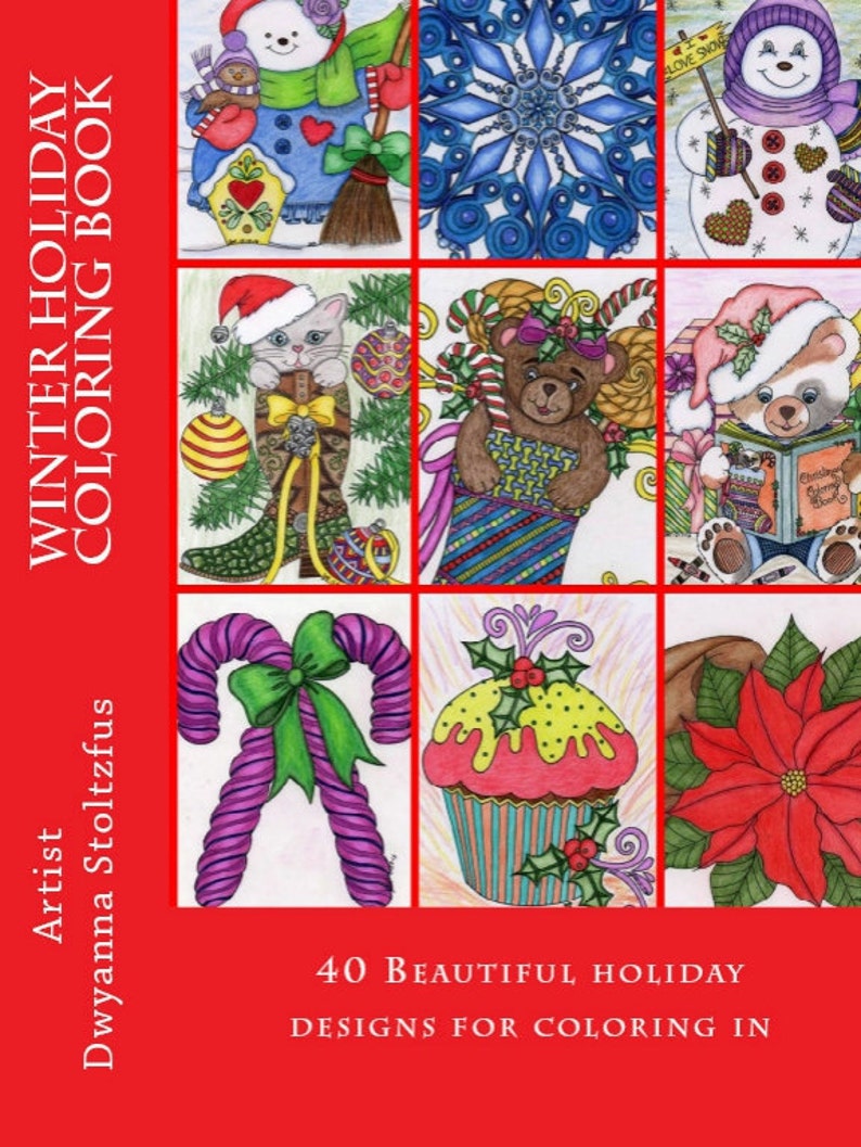May include: A coloring book cover with a red background and the title "Winter Holiday Coloring Book". The cover features nine illustrations of winter holiday themes, including a snowman, a cat in a boot, a bear in a stocking, a candy cane, a cupcake, and a poinsettia.