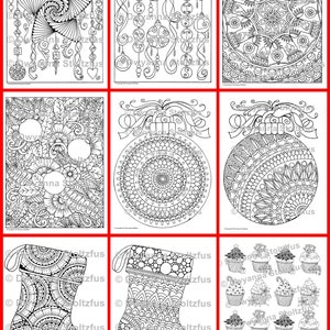 May include: A set of nine black and white coloring pages featuring Christmas ornaments, stockings, and cupcakes. The pages are designed with intricate patterns and details.