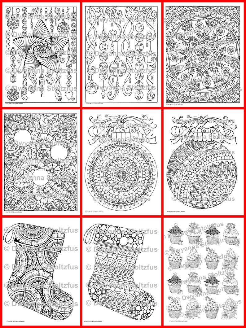 May include: A set of nine black and white coloring pages featuring Christmas ornaments, stockings, and cupcakes. The pages are designed with intricate patterns and details.