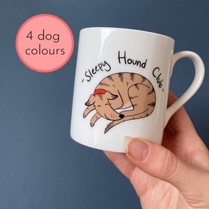 Sleepy Hound Mug - Brindle Whippet Dog Mug, Greyhound Gift for Women, Whippet Gifts, Saluki Lurcher Sighthound Gift for Him