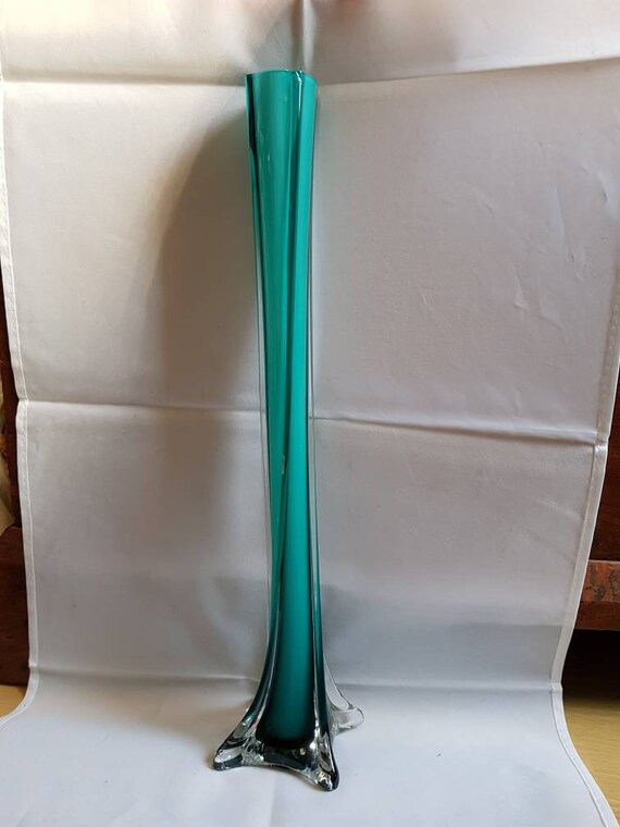 Green And White Tall Art Glass Vase Etsy