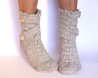 Handmade Crochet Wool Slippers: Buttoned House Shoes, Cozy Knit Socks